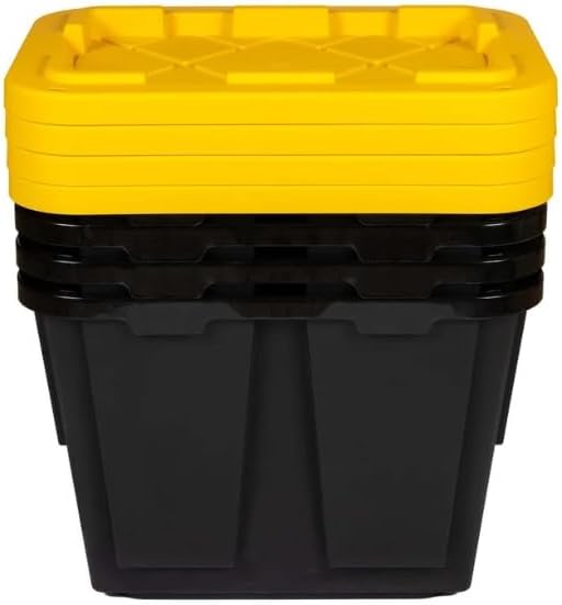 Tough 12 Gallon Plastic Storage Bin with Snap Lid, Stackable, Lockable, Set of 4, Heavy-Duty, Durable, Multi-Purpose Storage Containers for Indoor & Outdoor Use (Black and Yellow)