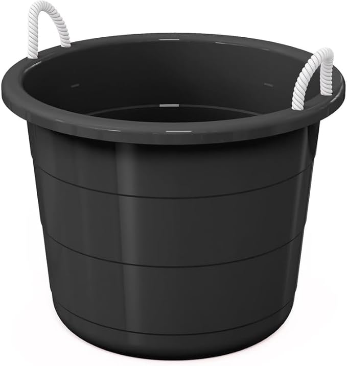 17-Gallon Heavy-Duty Plastic Storage Tub Featuring Rope Comfort-Grip Handles, Multi-Purpose Utility Bucket (Black)