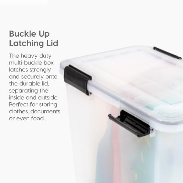 IRIS USA WeatherPro 41 Qt Storage Bins with Lids, 4 Pack, BPA-Free Plastic Gasket Box with Tight Latch and Seal, Stackable Nestable Tote Tub - Clear/Black