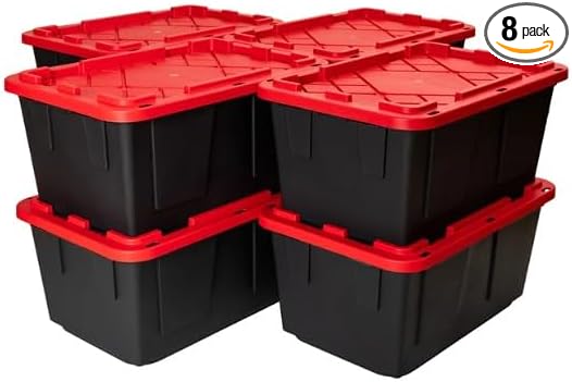Tough 27 Gallon Plastic Storage Bin with Snap Lid, Stackable, Lockable, Set of 8, Heavy-Duty, Durable, Multi-Purpose Storage Containers for Indoor & Outdoor Use (Red and Black)