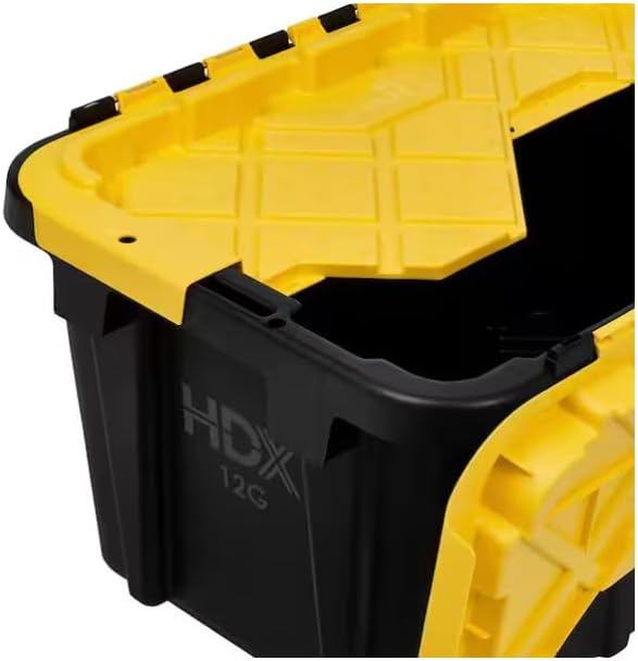 12 Gal. Tough Storage Flip Top Tote in Black with Yellow Lid, High-Grade Resin, Stackable, Lockable