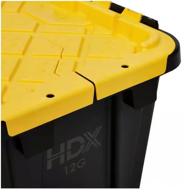 12 Gal. Tough Storage Flip Top Tote in Black with Yellow Lid, High-Grade Resin, Stackable, Lockable