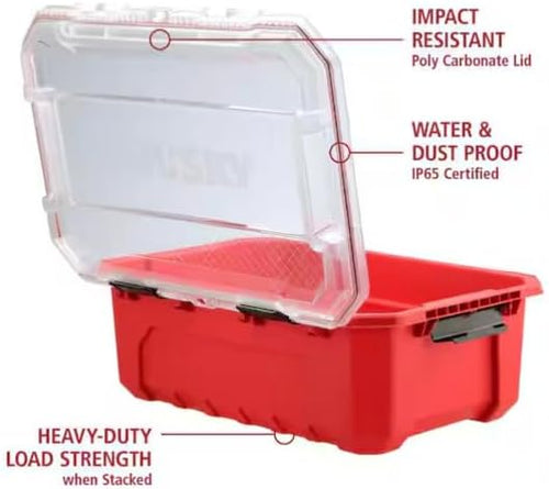 12-Gal. Heavy Duty Stackable Plastic Storage Container with Hinged Lid, 200 lb. Capacity, Red