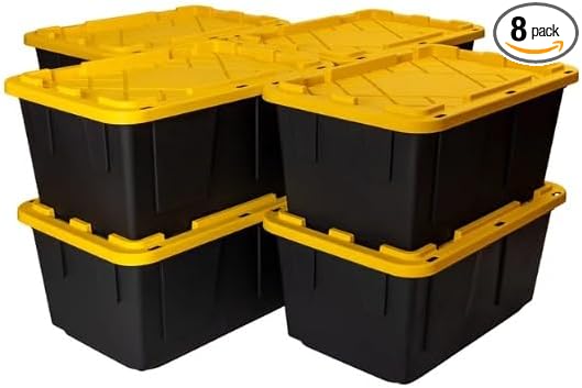 Tough 27 Gallon Plastic Storage Bin with Snap Lid, Stackable, Lockable, Set of 8, Heavy-Duty, Durable, Multi-Purpose Storage Containers for Indoor & Outdoor Use (Yellow and Black)
