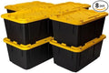 Tough 27 Gallon Plastic Storage Bin with Snap Lid, Stackable, Lockable, Set of 8, Heavy-Duty, Durable, Multi-Purpose Storage Containers for Indoor & Outdoor Use (Yellow and Black)