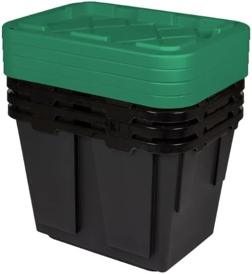 Tough 12 Gallon Plastic Storage Bin with Snap Lid, Stackable, Lockable, Set of 4, Heavy-Duty, Durable, Multi-Purpose Storage Containers for Indoor & Outdoor Use (Black and Green)