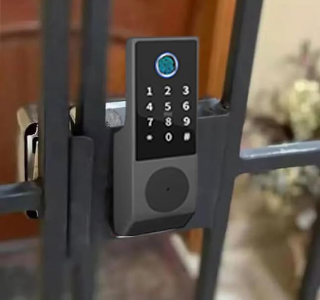 Smart Fingerprint Gate Door Lock – Waterproof Keyless Rim Latch with Tuya App, Passcode Keypad, IC Card & Mechanical Key, Built-in Doorbell, Smart Lock for Outdoor Fence, Yard & Home Security