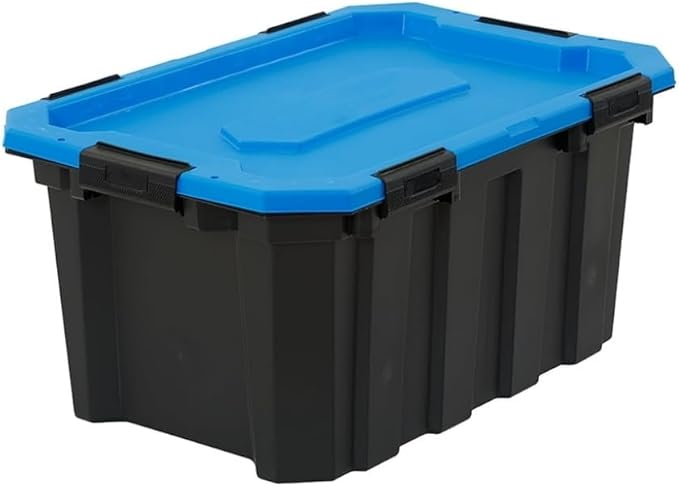 24 Gallon Waterproof Storage Bin with Latching Lid, Heavy Duty Plastic Tote for Garage, Basement, Attic, and Outdoor Storage – Dustproof, Stackable,Secure Locking Buckles,Black with Blue Lid, BPA-Free