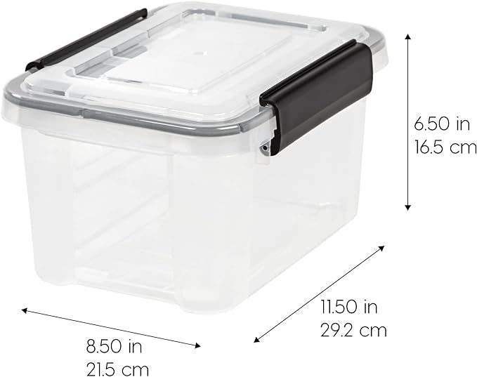 IRIS USA WeatherPro 6 Qt Storage Bins with Lids, 6 Pack, BPA-Free Plastic Gasket Box with Tight Latch and Seal, Stackable Nestable Tote Tub - Clear/Black