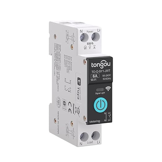 TONGOU DIY 1P+N Smart Wi-Fi Switch, Work with Alexa and Google Assistant for Voice Control, 6A with Energy Monitor, Smart Life/Tuya APP Remote Control, Timer Functions, DIN Rail Mounted,FCC Certified