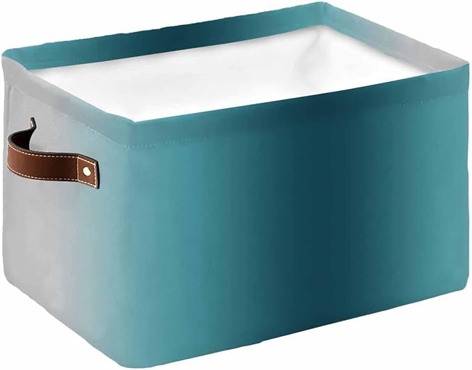 Turquoise Grey Ombre Storage Bins Cubes Waterproof Cloth Storage Basket, Farmhouse Gradient Minimalist Foldable Storage Bags for Shelf Closet Clothes Storages Organizers with Handles 15x11x9.5 in 1PCS