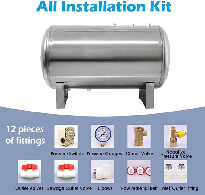 Water Stainless Steel Storage Tank 26 40 50 65 80 130 Gallon Large Horizontal Well Bladder Tank, Stainless Steel Pressurized Water Tank for Well Water Sprinkler Systems(500L/132Gal(135x75cm/53