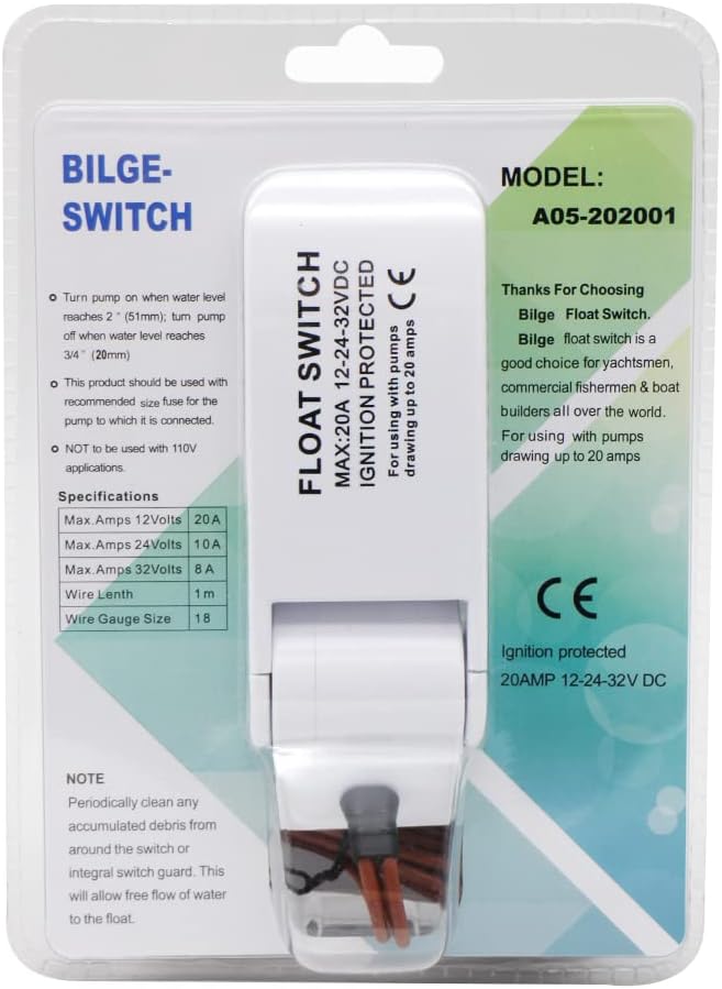 Automatic Bilge Pump Float Switch, Marine Bilge Pump Switch, Auto Float Switch for Boat, DC 12V/24V/32V Ignition Protected for Marine Electric Water Pumps