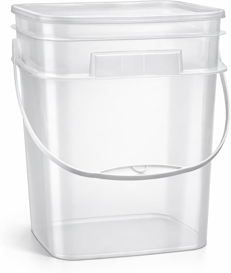 House Naturals 4 Gallon Square Food Grade Bucket Pail with Plastic Handles and Lid (Pack of 3) (Clear - Black lids)