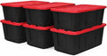 6 Pack, 27 Gallon Large Storage Bin with Snap Lid, Heavy Duty Plastic Storage Container, Black and Red