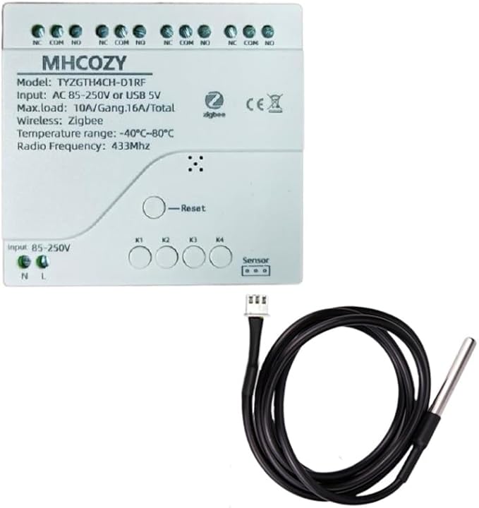 Zigbee Temperature Controller with Waterproof Temperature Sensor Probe ,Tuya app Remote 4 Channel 10A Clean Contact Relay Switch(tuya zigbee hub Needed)
