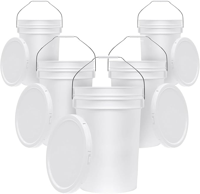 6.5-Gallon White Bucket Pail Container with Lid | Food Grade | Heavy-Duty 90MIL Extra Durable | Metal Handles with Plastic Grip for Easy Carrying | Multi-Use | Easy Stack and Store | BPA Free - 5 Pack