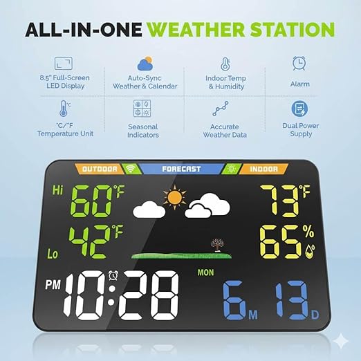 EnvyBox WiFi Weather Station 8.5" LED Display | No App Required, Syncs Weather & Calendar, Dual Power, Privacy Focused, Black