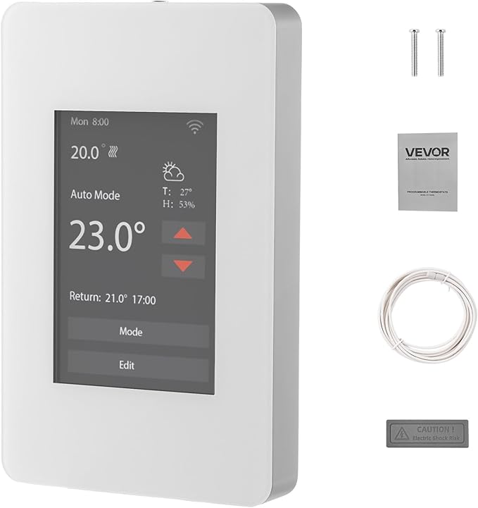 VEVOR 7-Day Programmable Thermostat Gray-White (Without WiFi) - for Radiant Underfloor Heating Cable & Heat Pump, GFCI & Sensitive Sensor, TFT Color Touch Display, Energy-Efficient