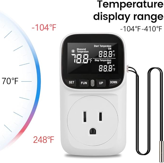 Diymore Digital Plug in Thermostat Outlet Temperature Controller Electric Digital Thermostat Heating Cooling Mode Timer Socket 120V Heating Cooling Control 110V 15A Celsius Fahrenheit Display, White