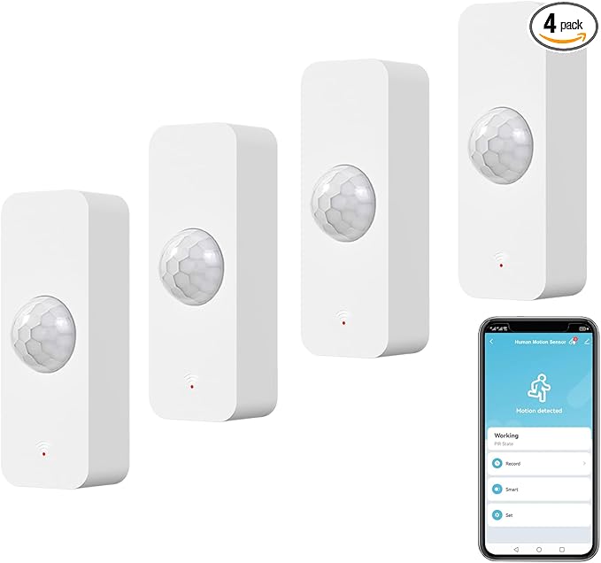 WiFi Motion Sensor, Smart Motion Detector for Home Security, Wireless Motion Sensor App Remote Monitor, Voice Command Compatible with Alexa. 4 Pack