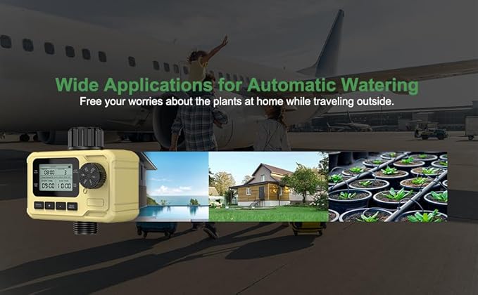 Water Timer for Outdoor Garden Hose, Hose Timers with Rain Delay/Manual/Auto Mode, Drip Irrigation and Lawn Watering System, Yellow