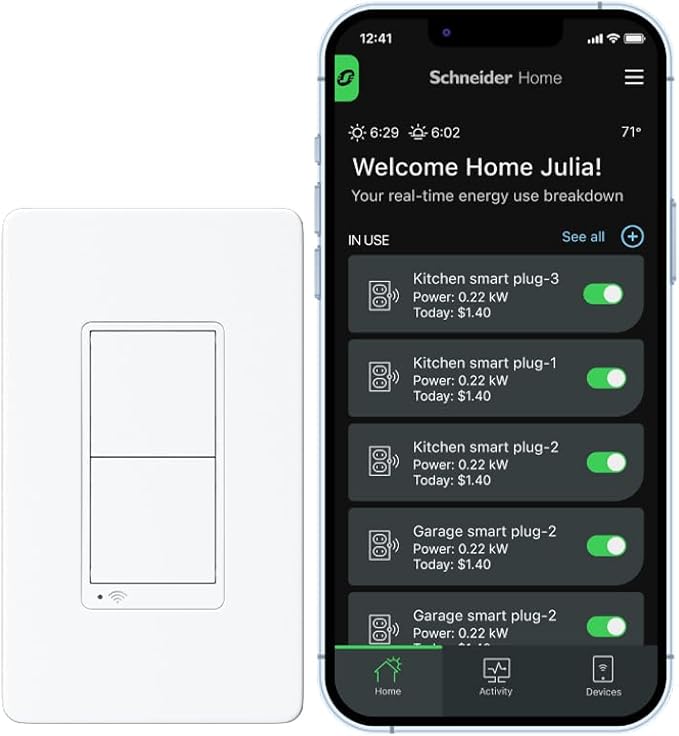 Square D by Schneider Electric X Series 15 Amp WiFi Energy Monitoring Light Switch, Single-Pole/3-way, 600 Watt, Rocker, Matter Certified, Works with Alexa, Google Home, Apple Home, Matte White