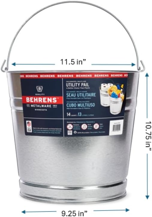 Behrens 1214 Galvanized Steel Utility Pail, 14-Quart (3 Pails)