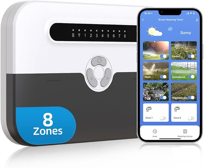 Smart Sprinkler Controller, 8 Zone WiFi Irrigation Controller with APP Control, Indoor Outdoor Automatic Water Timer, Weather-Based Skip & Custom Schedules, Easy DIY Installation