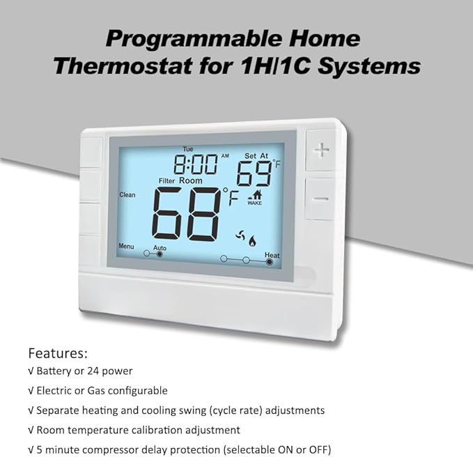 Programmable Thermostat for House, Single-Stage, 1 Heat/1 Cool, Energy-Saving Comfort, White Backlight