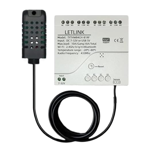 4 Channel Temperature and Humidity Monitoring Smart Switch,Smart Life/Tuya WiFi Relay,Dry Contact Passive Output,Compatible with Alexa & Google Assistant