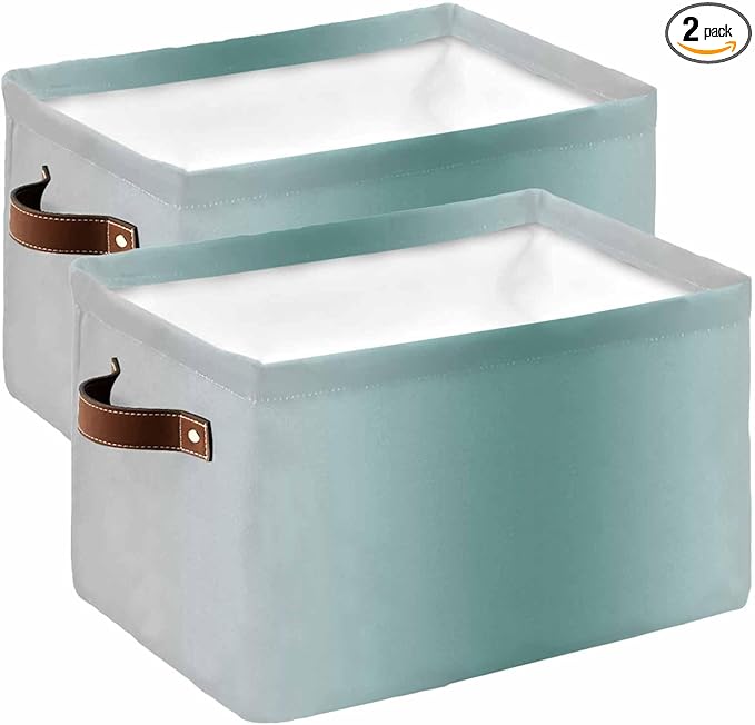 Teal Grey Ombre Storage Bins Cubes Waterproof Cloth Storage Basket, Farmhouse Gradient Minimalist Foldable Storage Bags for Shelf Closet Clothes Storages Organizers with Handles 15x11x9.5 in 2PCS