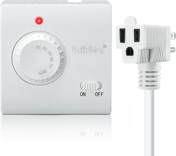 Adjustable Thermostat, Briidea Plug in Heating & Cooling Thermostat with LED Indicator, Compatible with Space Heater, Window Air Conditioners, Fans, Ideal for Household, Reptile, Greenhouse