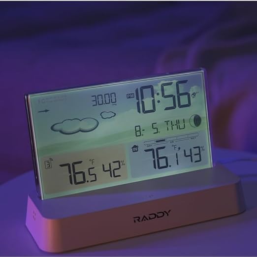 Raddy DT6 Weather Station Indoor Outdoor, Atomic Clock, Digital Color Display Indoor and Outdoor Thermometer Hygrometer, Home Weather Station with Weather Forecast and Barometer