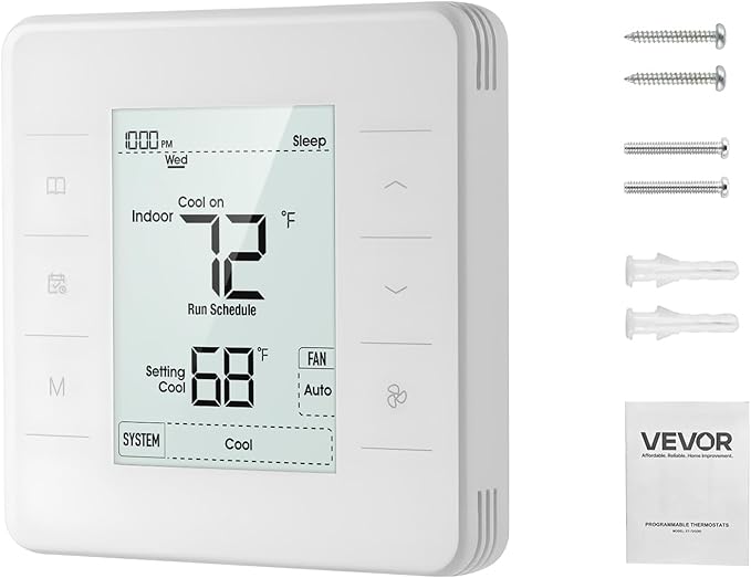 VEVOR 7-Day Programmable Thermostat White - 1Cool+1Heat for Heat Pump & Air Conditioner, LED Backlit Screen, Energy-Efficient, Wide Temperature Range