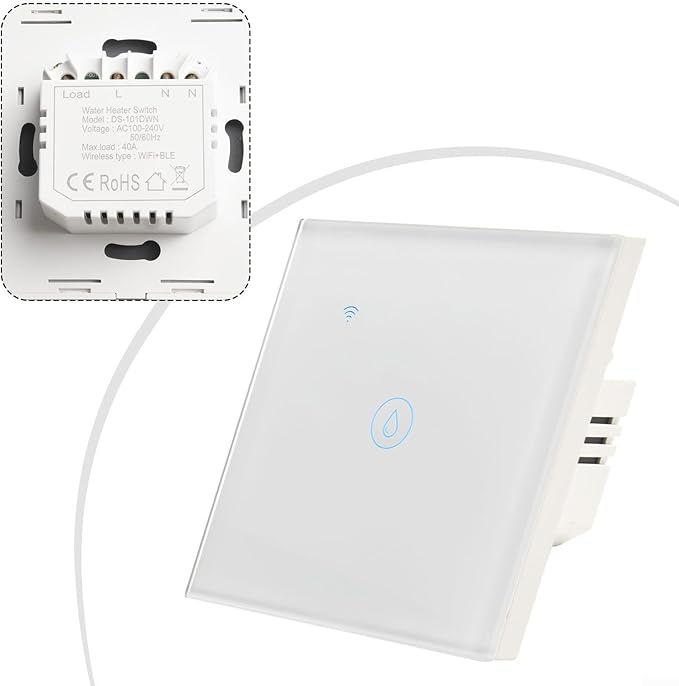 Smart 40A Water Heater Control Switch with Touch Panel Voice and App Control Compatible with System Timing Function ABS 94-V0 Fireproof Glass Panel for Home Automation (white)