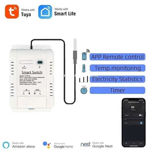 WiFi Smart Waterproof Temperature Controller Sensor Module, Tuya app Wireless Remote 16A Smart Switch with Energy Consumption Monitoring, Compatible with Alexa Google Home