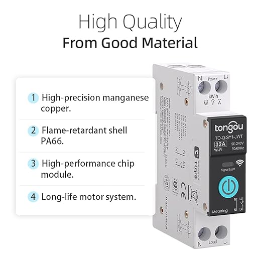 TONGOU DIY 1P+N Smart Wi-Fi Switch, Work with Alexa and Google Assistant for Voice Control, 32A with Energy Monitor, Smart Life/Tuya APP Remote Control, Timer Functions, DIN Rail Mounted,FCC Certified