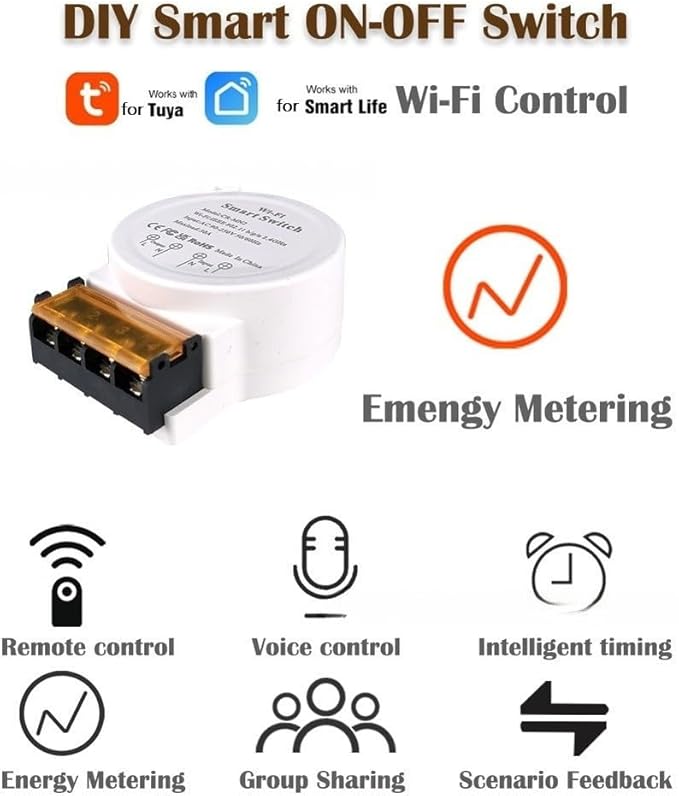 WiFi Smart Relay Switch, WIFI Smart Switch with Energy Meter 30A 90-250V AC, App and Voice Control, for Tuya Smart-Life Assistant, Remote and Timer Functions(white)