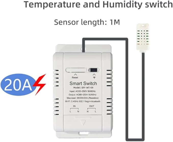 Temperature and Humidity Smart Switch for eWeLink - 20A Load Capacity (3800W), ABS Housing, -20°C to 80°C Operating Range, Scheduling & Data Logging (C)