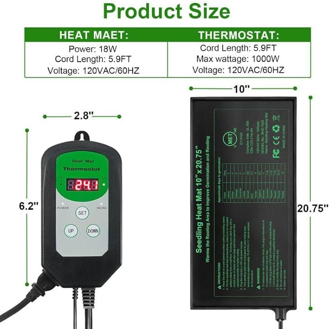 Seedling Heat Mat and Digital Thermostat Combo Set, MET-Certified Plants Heating Mat Warm Hydroponic,Germination, Indoor Gardening, Greenhouse