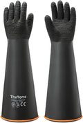 ThxToms Heavy Duty Rubber Gloves, Industrial Chemical Resistant Gloves Waterproof Reusable Protective Work Gloves for Cleaning, Dishwashing,Upgraded with Non-Slip Design, Black, 22" 1 Pair