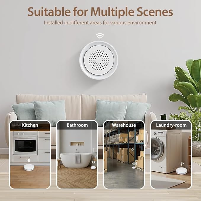 Micmi Smart Water Leak Detector Kit, WiFi Water Sensor Alarm Ultra-Long Range, SMS/APP/Email Alerts, 3 Water Sensors and 1 Base Station, Suit for Home/Basement/Kitchen/Laundry