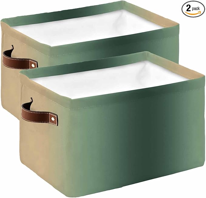 Green Yellow Ombre Storage Bins Cubes Waterproof Cloth Storage Basket, Farmhouse Modern Gradient Art Foldable Storage Bags for Shelf Closet Clothes Storages Organizers with Handles 15x11x9.5 in 2PCS