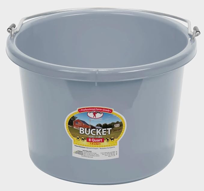 Little Giant® Plastic Animal Feed Bucket | Round Plastic Feed Bucket with Metal Handle | Made in USA | 8 Quarts | Cool Gray