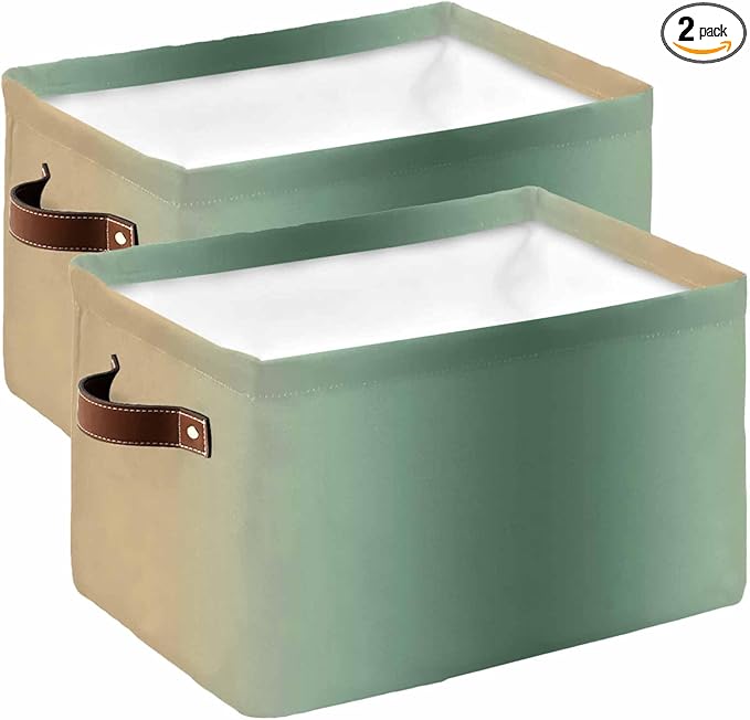 Sage Green Yellow Ombre Storage Bins Cubes Waterproof Cloth Storage Basket,Farmhouse Modern Gradient Art Foldable Storage Bags for Shelf Clothes Storages Organizers with Handles 15x11x9.5 in 2PCS