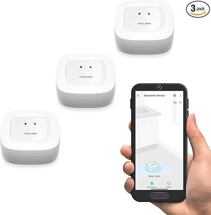 YoLink Water Leak Sensor 3-Pack, LoRa Up to 1/4 Mile Open-Air Range Smart Water Leak & Flood Detector, SMS/Text, Email & Push Notifications, w/Alexa, IFTTT, Home Assistant - YoLink Hub Required