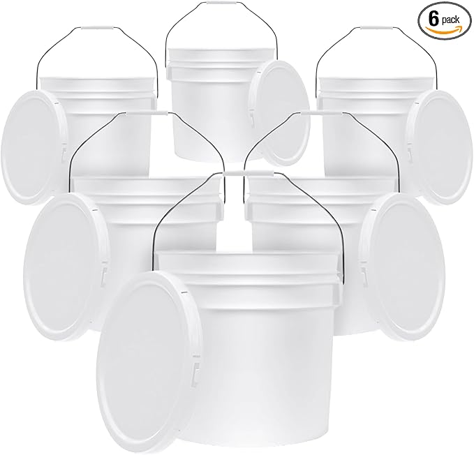 3.5-Gallon White Bucket Pail Container with Lid | Food Grade | Heavy-Duty 90MIL Extra Durable | Metal Handles with Plastic Grip for Easy Carrying | Multi-Use | Easy Stack and Store | BPA Free - 6 Pack