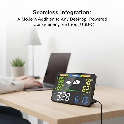 EnvyBox WiFi Weather Station 8.5" LED Display | No App Required, Syncs Weather & Calendar for Home/Office, Dual Power, Privacy Focused, Black