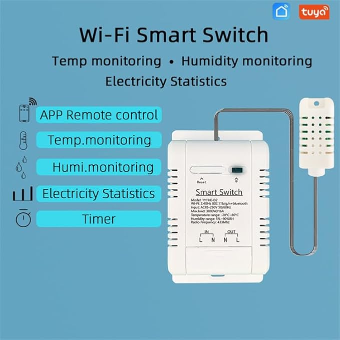 WiFi& RF Smart Relay Switch Module,Temperature and Humidity Sensor with Energy Consumption Monitoring,Phone app Remote/Voice Control,Timer,Compatible with Alexa.